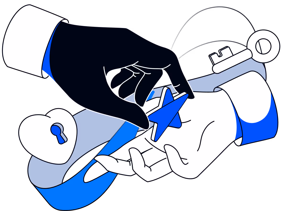 Two stylized hands exchanging a blue key shaped like an airplane, surrounded by ribbon and lock icons.