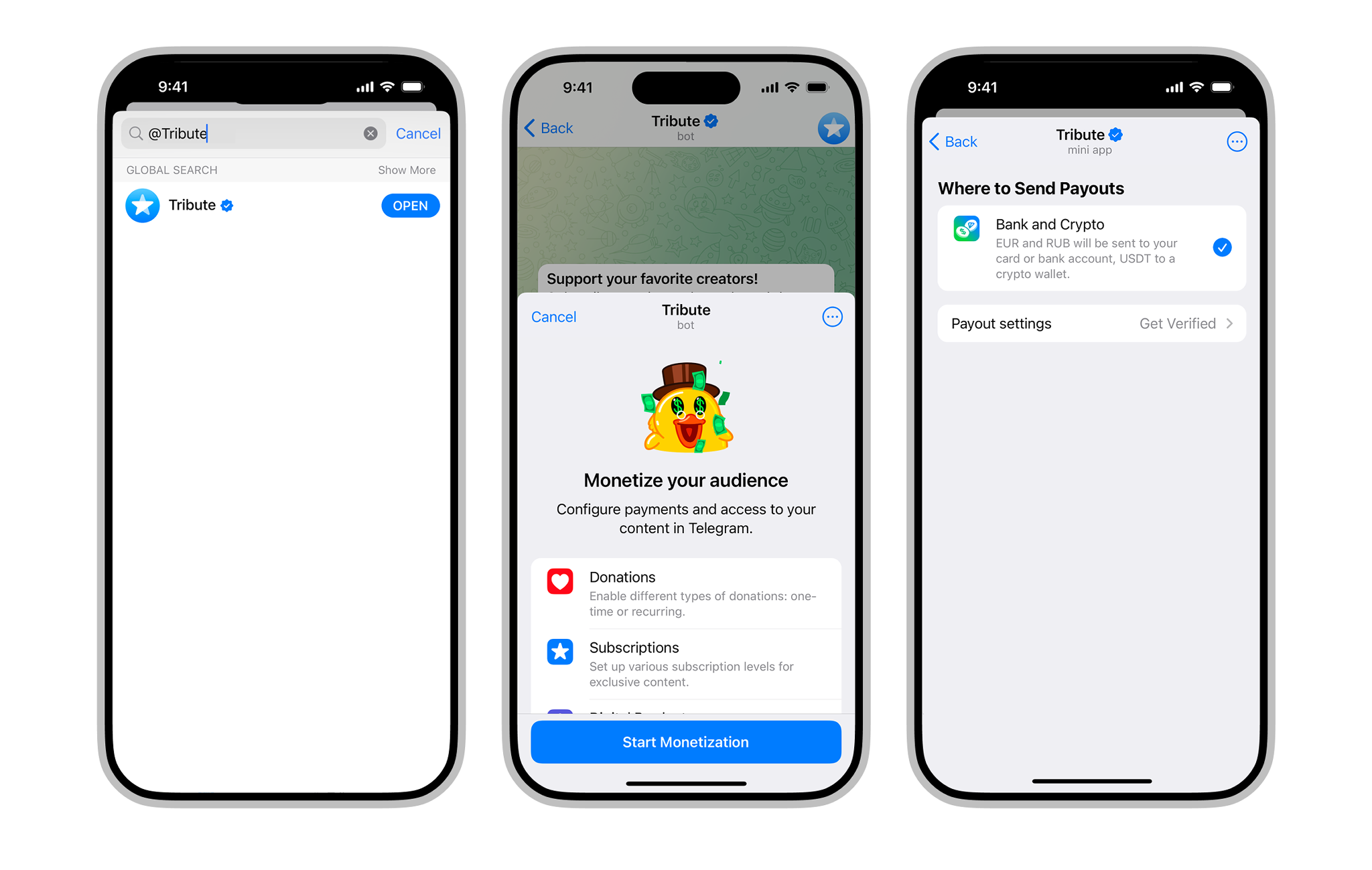 Tribute setup for Telegram subscriptions and payouts