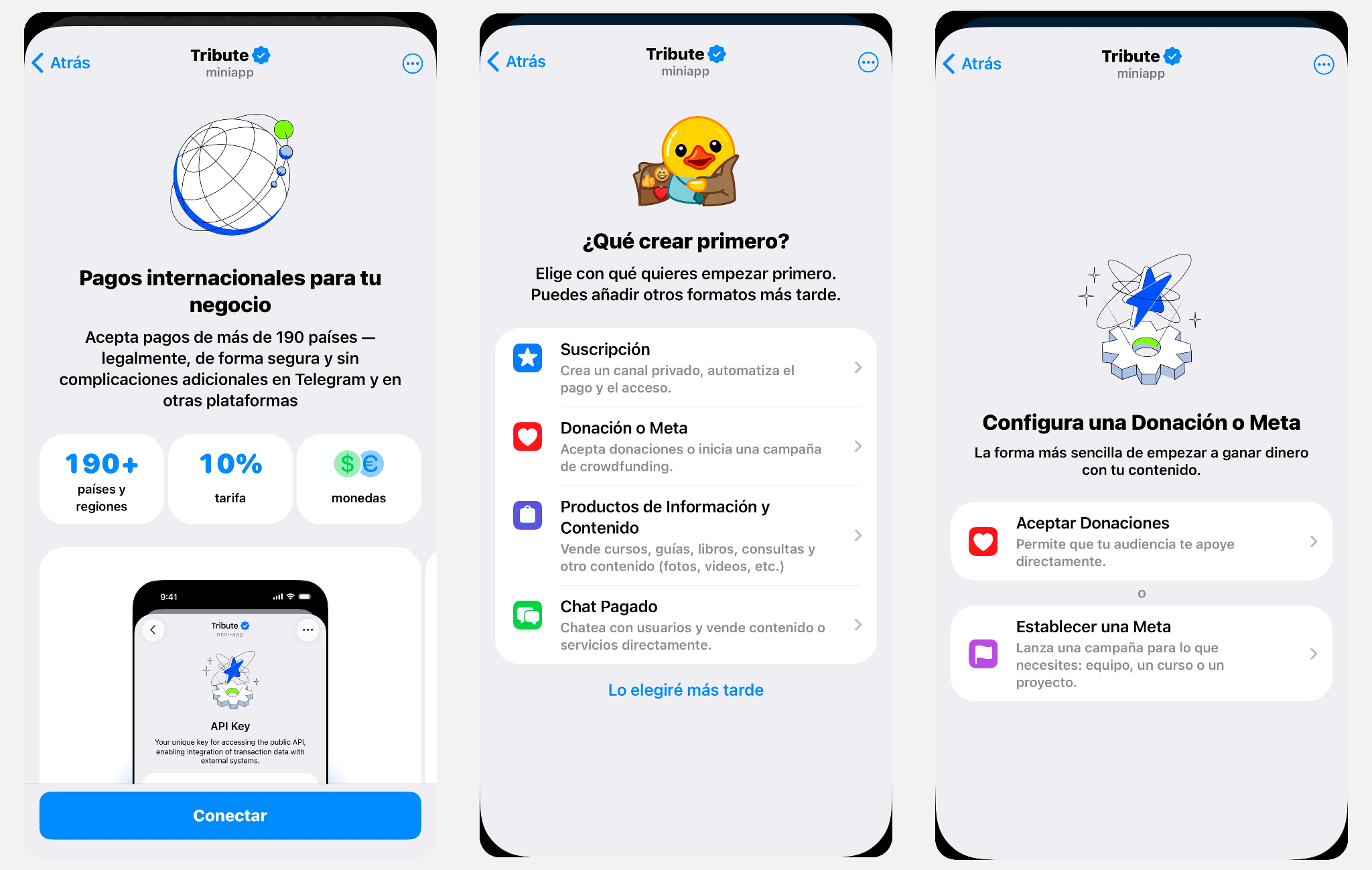 Pantallas de Tribute para crear suscripciones de pago, donaciones y vender contenido en Telegram.