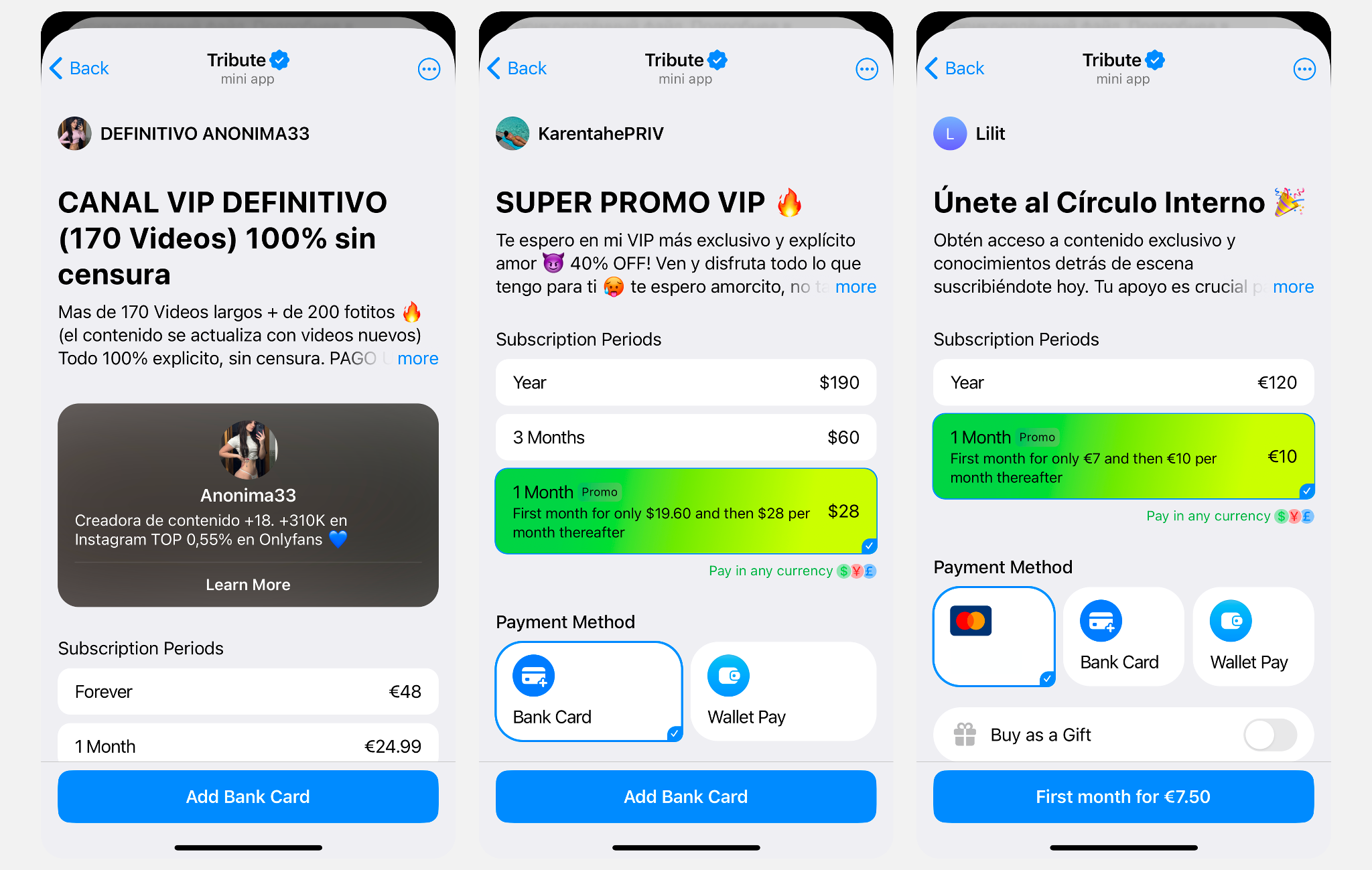 Capturas de creadoras que ofrecen suscripciones de contenido exclusivo en Telegram a través de Tribute.