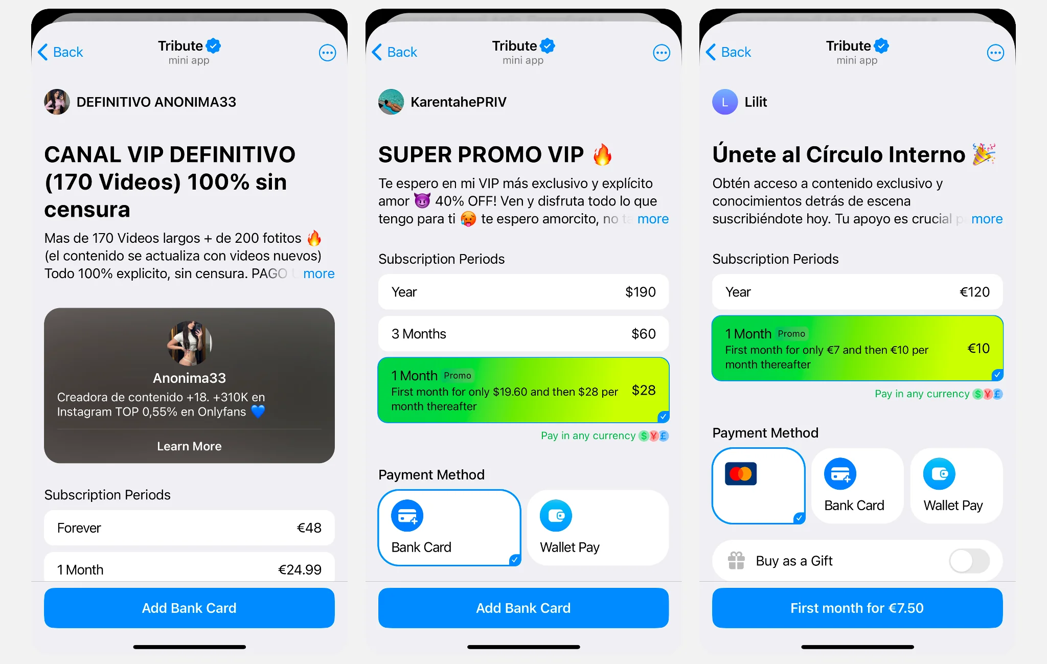 Capturas de creadoras que ofrecen suscripciones de contenido exclusivo en Telegram a través de Tribute.