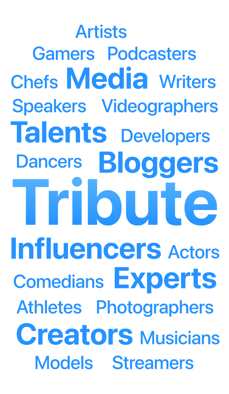 A word cloud of creative professions and categories: bloggers, influencers, creators, experts, musicians, photographers, with an emphasis on "Tribute."