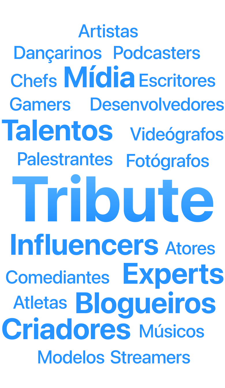 A word cloud of creative professions and categories: bloggers, influencers, creators, experts, musicians, photographers, with an emphasis on "Tribute."