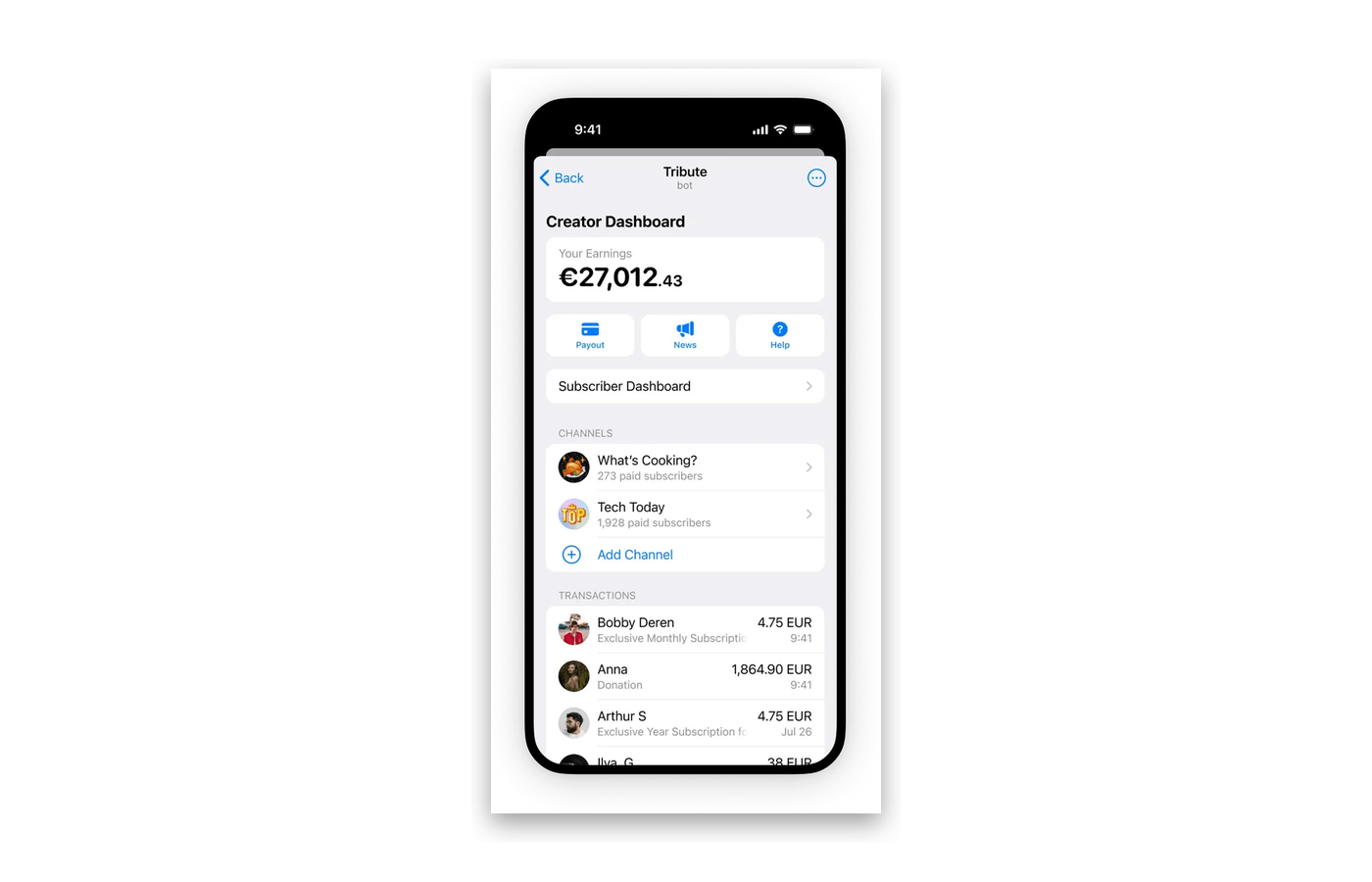 Tribute Creator Dashboard on mobile, a Telegram-native LaunchPass alternative with verified bot, subscription earnings, and paid channel management