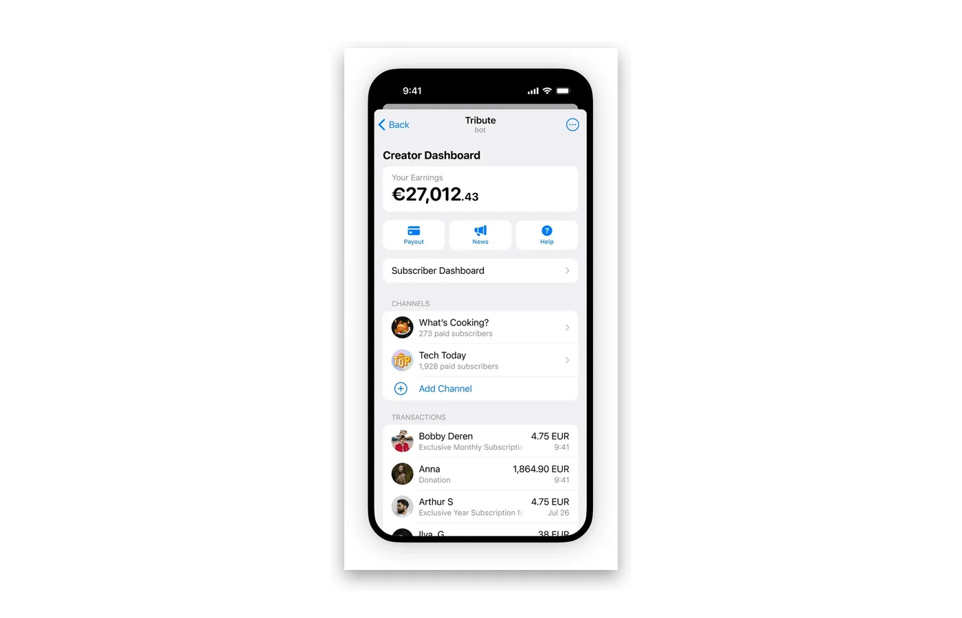 Tribute Creator Dashboard on mobile, a Telegram-native LaunchPass alternative with verified bot, subscription earnings, and paid channel management