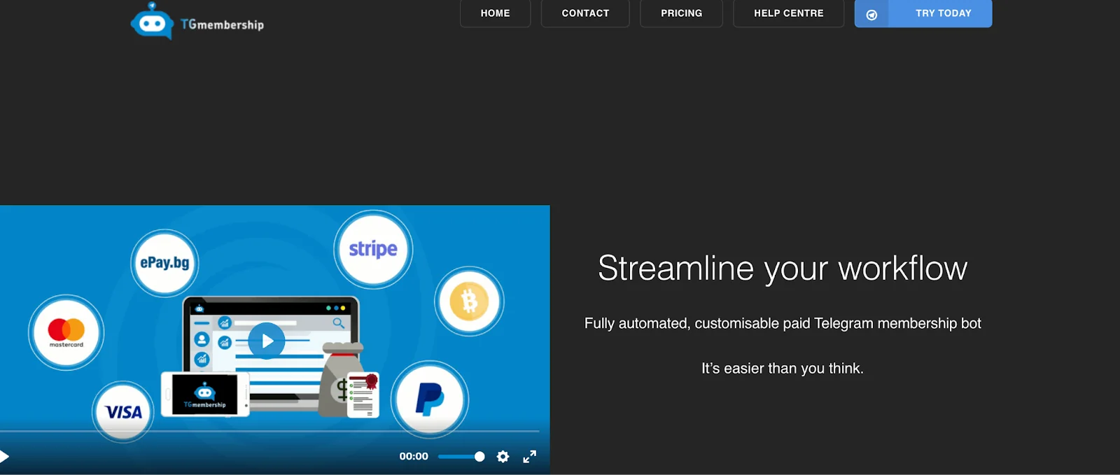 TGmembership website highlighting a customisable paid Telegram membership bot as a LaunchPass alternative with Stripe, PayPal, and crypto payment suppor