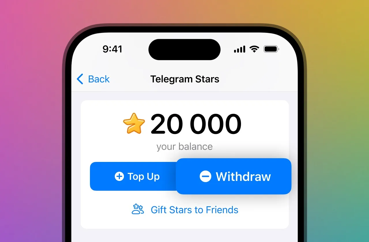 Telegram Stars balance screen showing the Withdraw button used to convert Telegram Stars to TON via Fragment