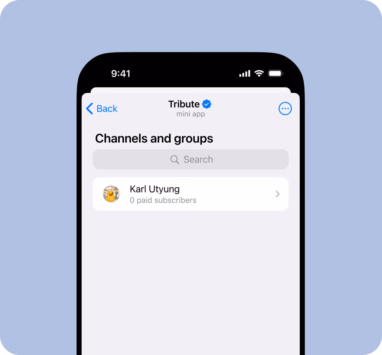Mobile screen showing Tribute mini app with one channel named Karl Utyung and zero paid subscribers.