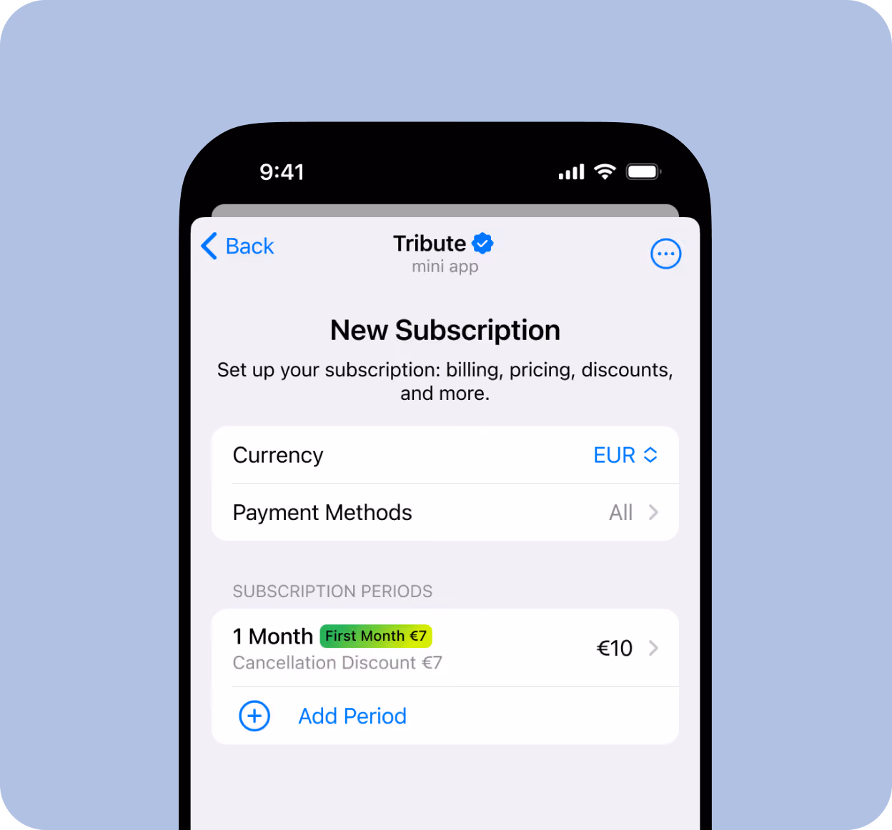 Mobile screen showing new subscription setup with currency EUR and one-month period discounted first month price.