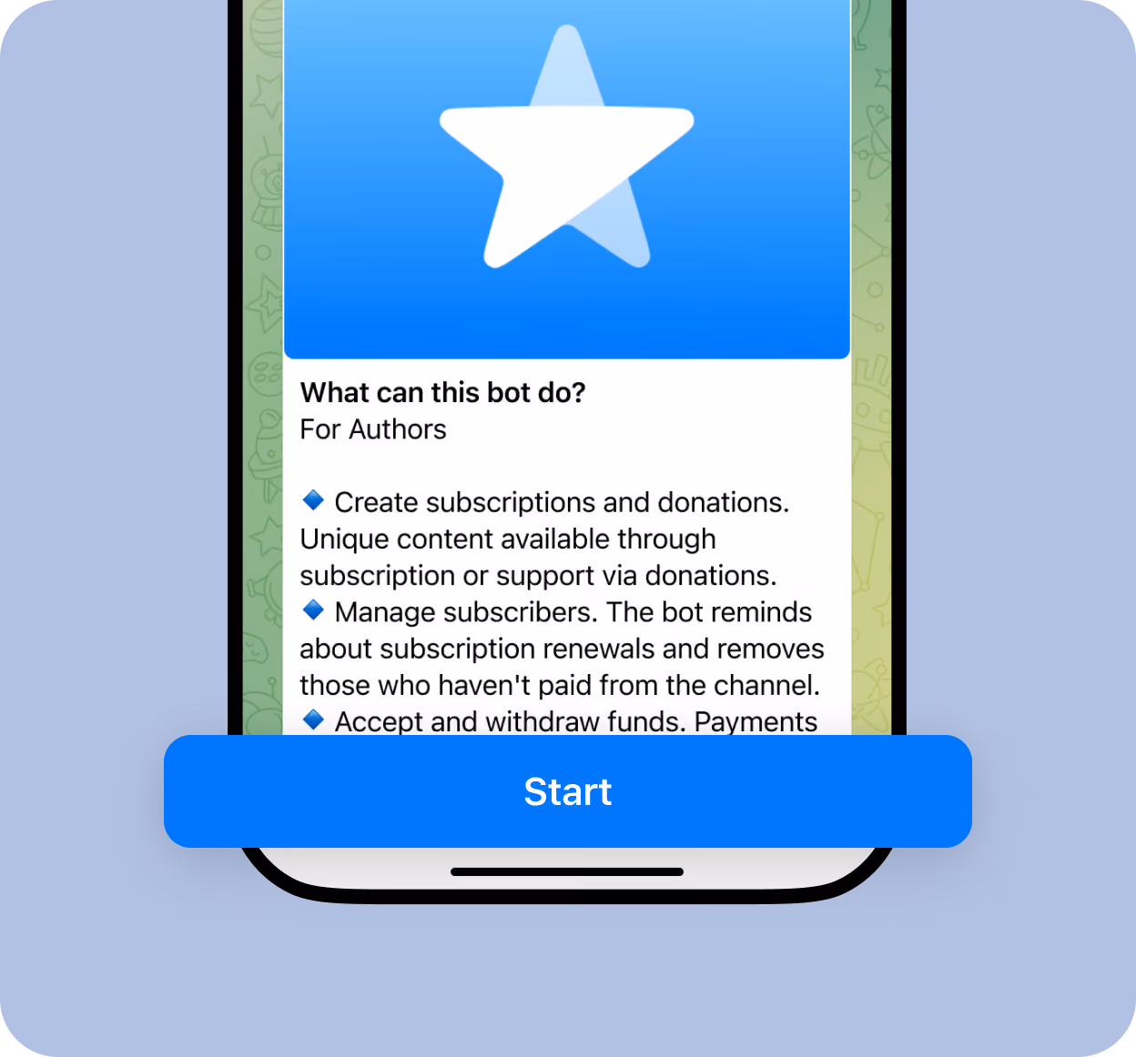Smartphone screen showing a bot description for authors about subscriptions, donations, and subscriber management.