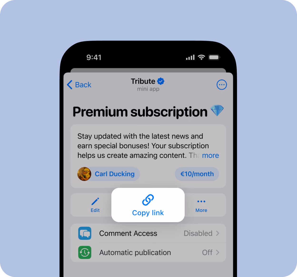 Mobile screen showing Tribute app's Premium subscription page with Copy link button.
