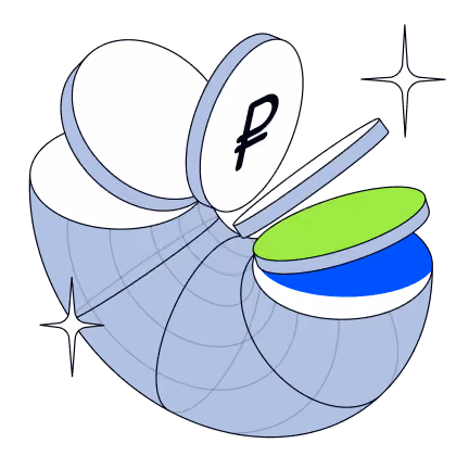 3D graphic of coins including a green, blue, and white coin and one with a ruble currency symbol.