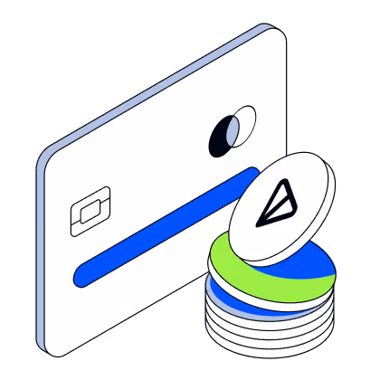 Illustration of a white card and a stack of round tokens with a paper plane icon on the top token.
