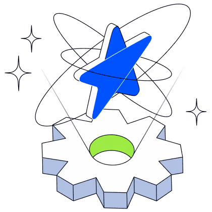 Blue lightning bolt icon above a white gear with a green center on a black background with stars.