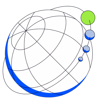 White globe with black lines and four orbits holding colored spheres in blue and green.