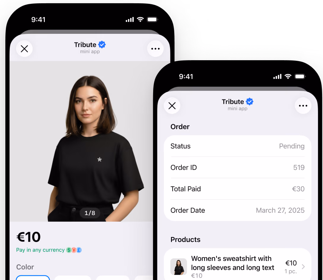 Mobile app screen showing a black sweatshirt priced at €10 and an order summary with status pending.