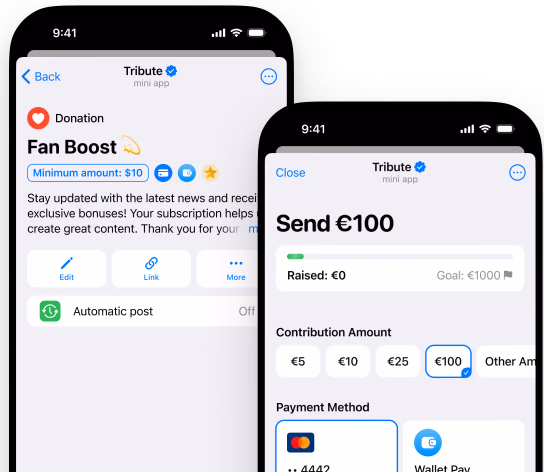 Two Tribute app screens showing a fan donation page and payment options for sending €100.