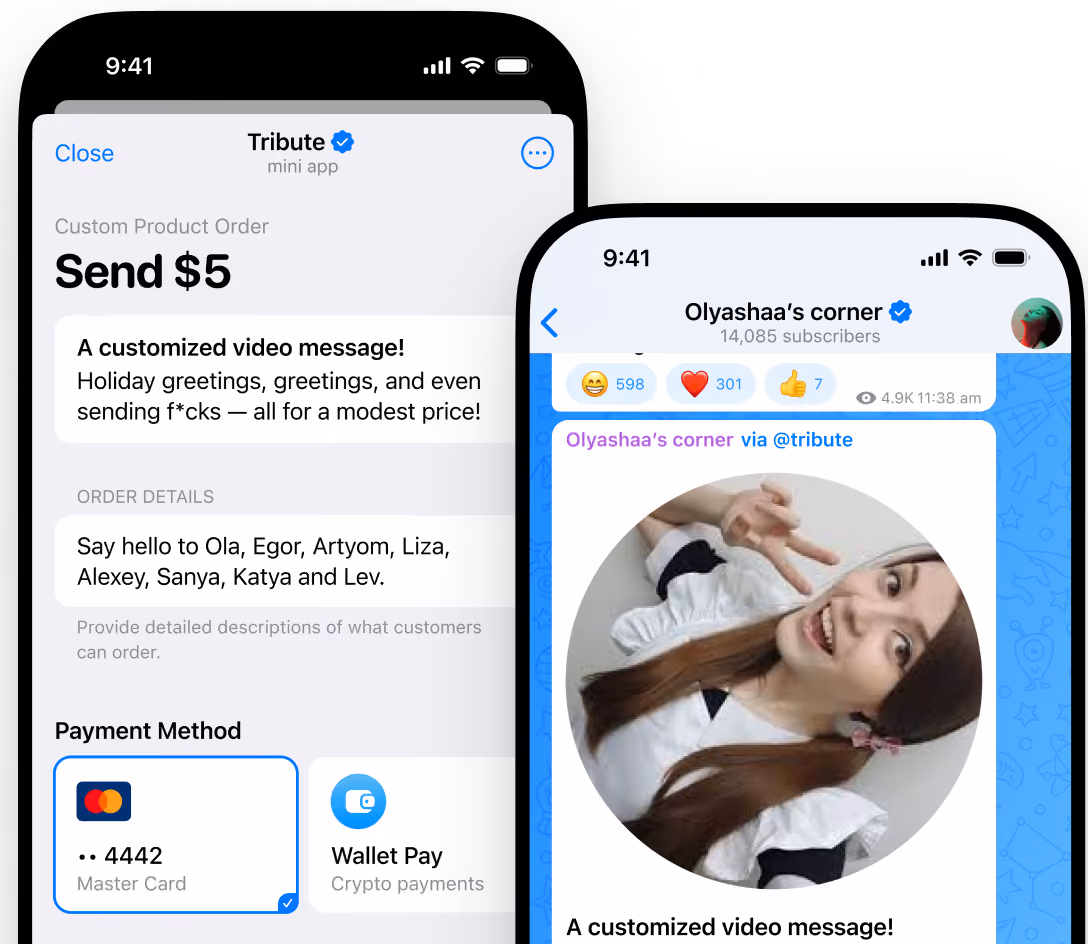 Mobile screens showing Tribute app for sending $5 customized video messages with payment options.