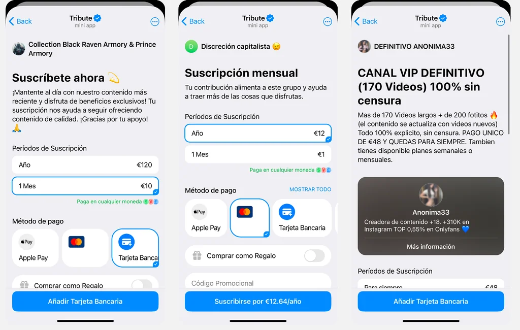 Ejemplos de canales de pago en Telegram que gestionan sus pagos con el bot de Tribute.