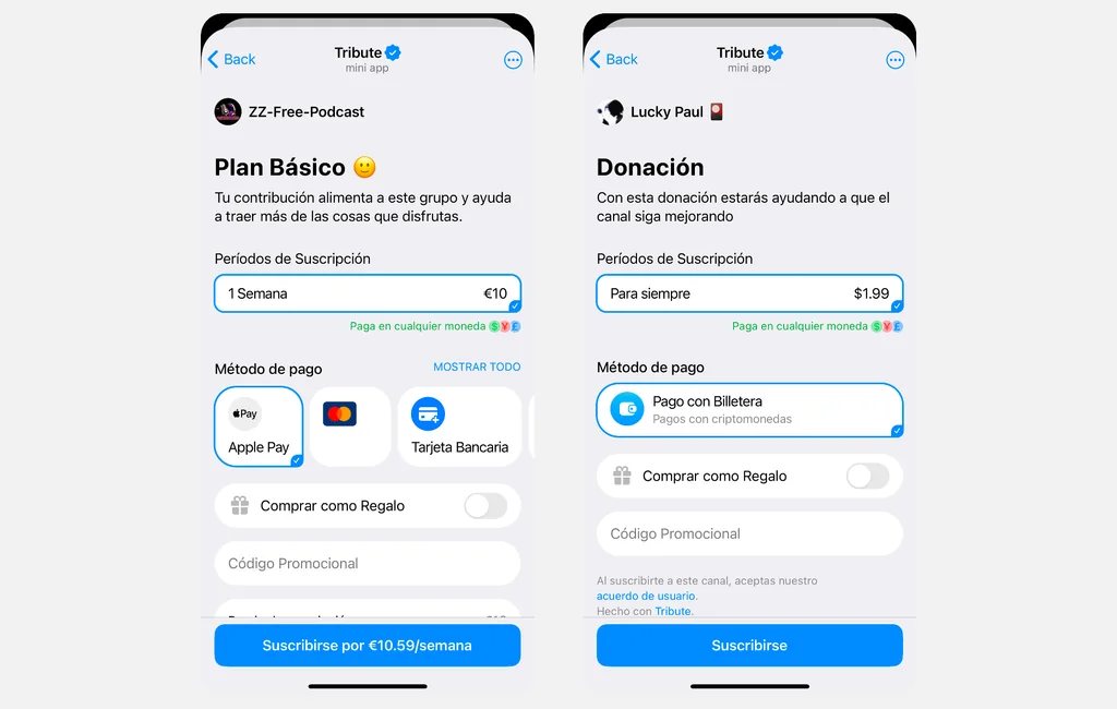 Ejemplo de un creador aceptando donaciones en Telegram a través de Tribute.