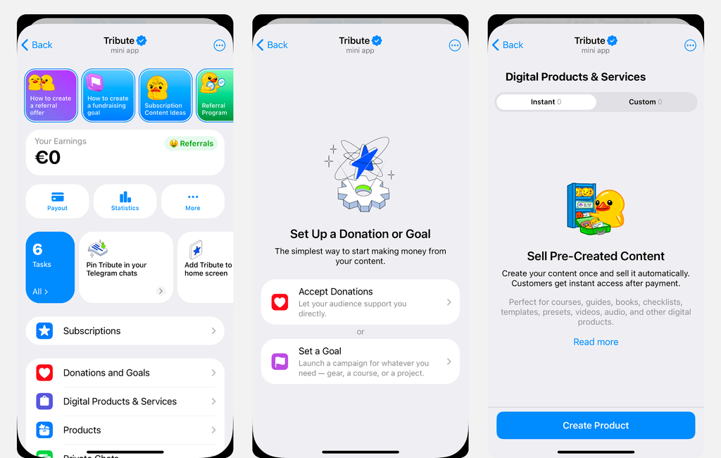 Tribute is a Telegram-native monetization platform that supports crypto payments