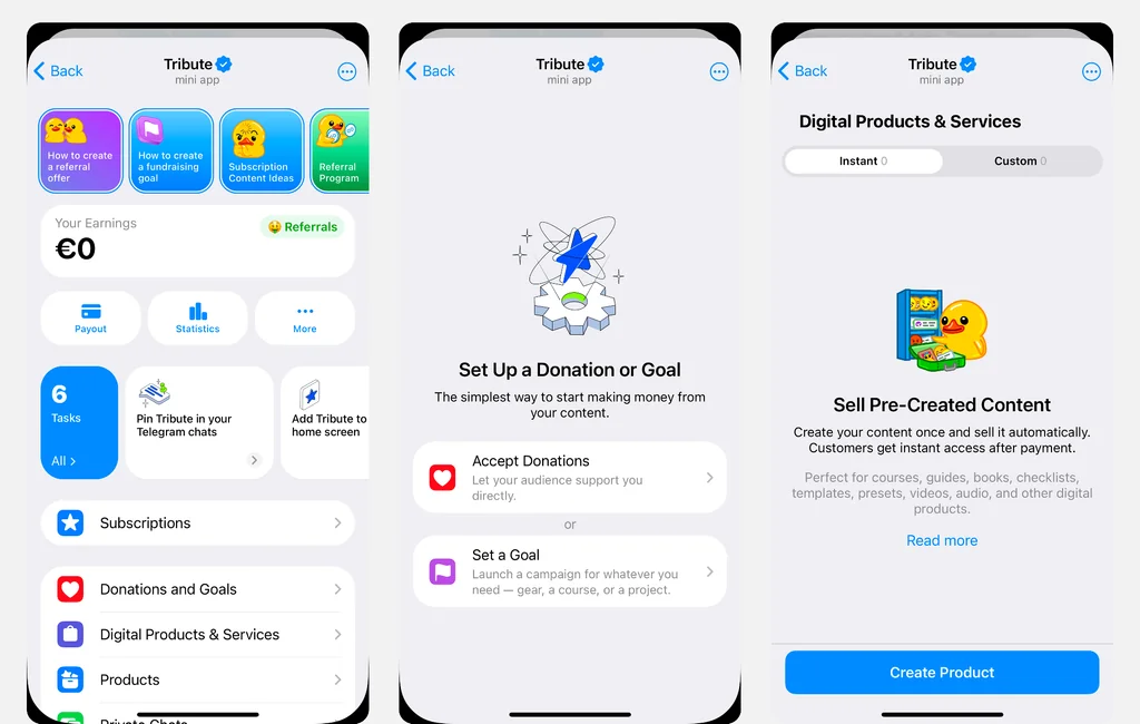 Tribute is a Telegram-native monetization platform that supports crypto payments