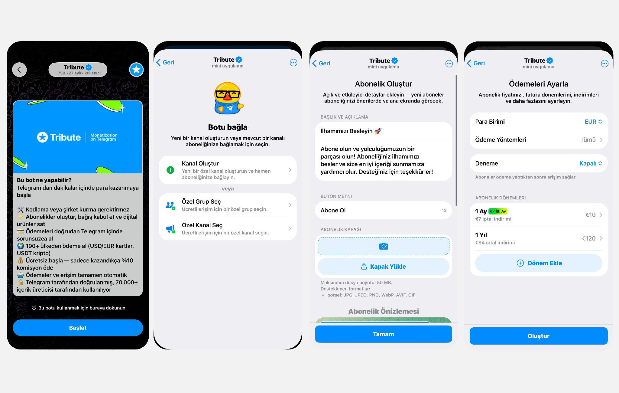 Tribute botu ile Telegram’da ücretli abonelik oluşturma ve ödeme ayarlarını yapılandırma adımları