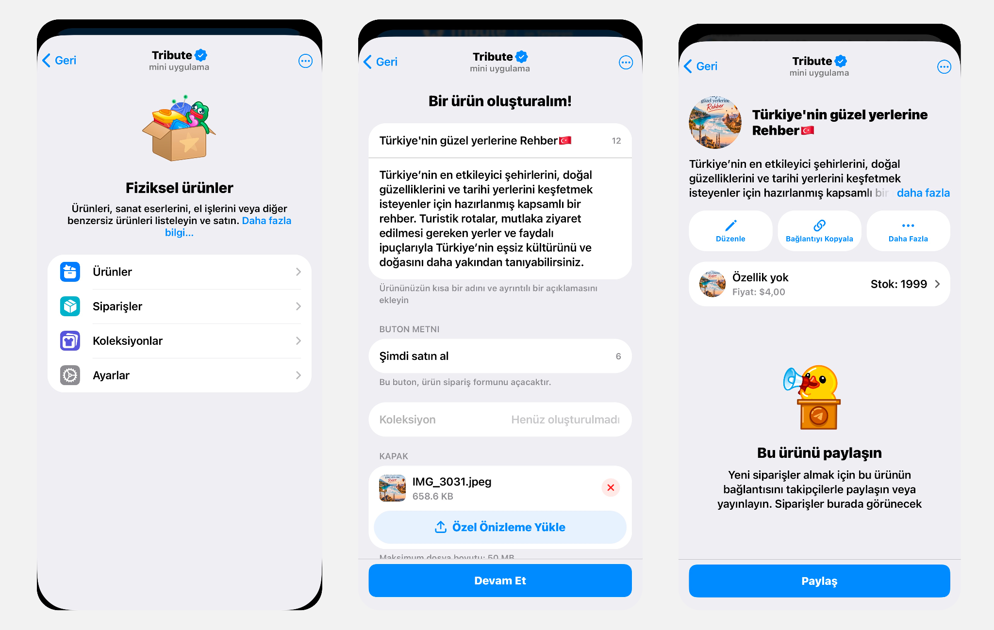 Tribute botu ile Telegram’da fiziksel ürün oluşturma, fiyatlandırma ve satışa çıkarma adımları
