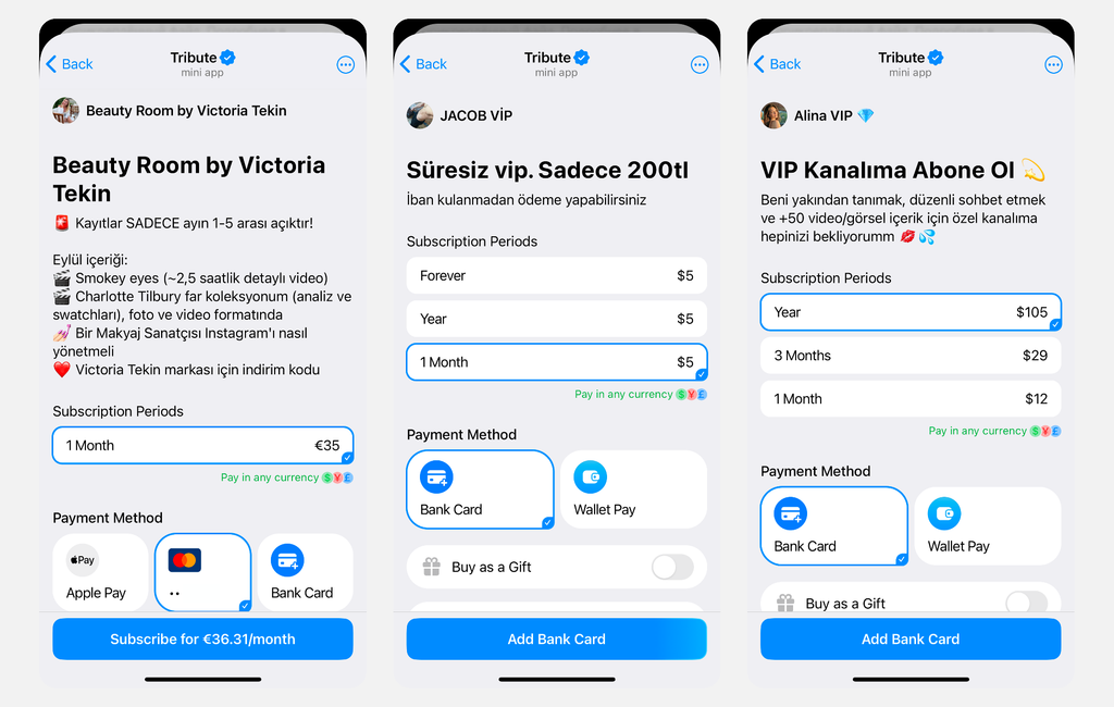 Tribute üzerinden çalışan ücretli Telegram kanallarına ait abonelik ve ödeme ekranı örnekleri