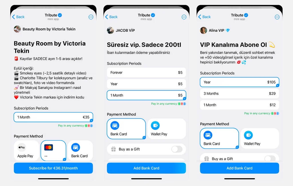 Tribute üzerinden çalışan ücretli Telegram kanallarına ait abonelik ve ödeme ekranı örnekleri