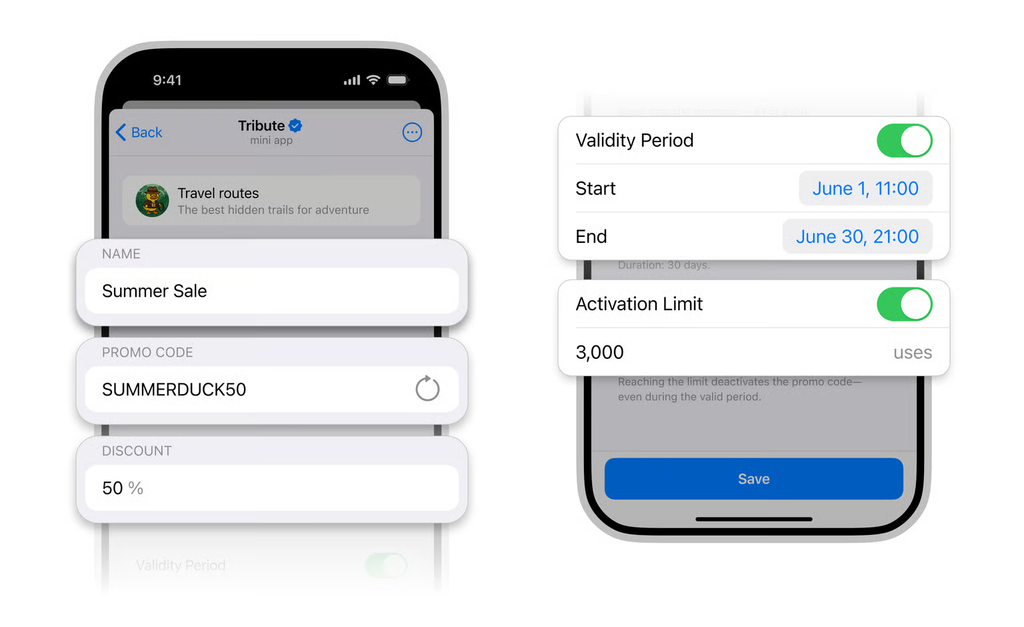 Tribute’s promo code feature allows creators to offer discounts on their subscriptions and products.