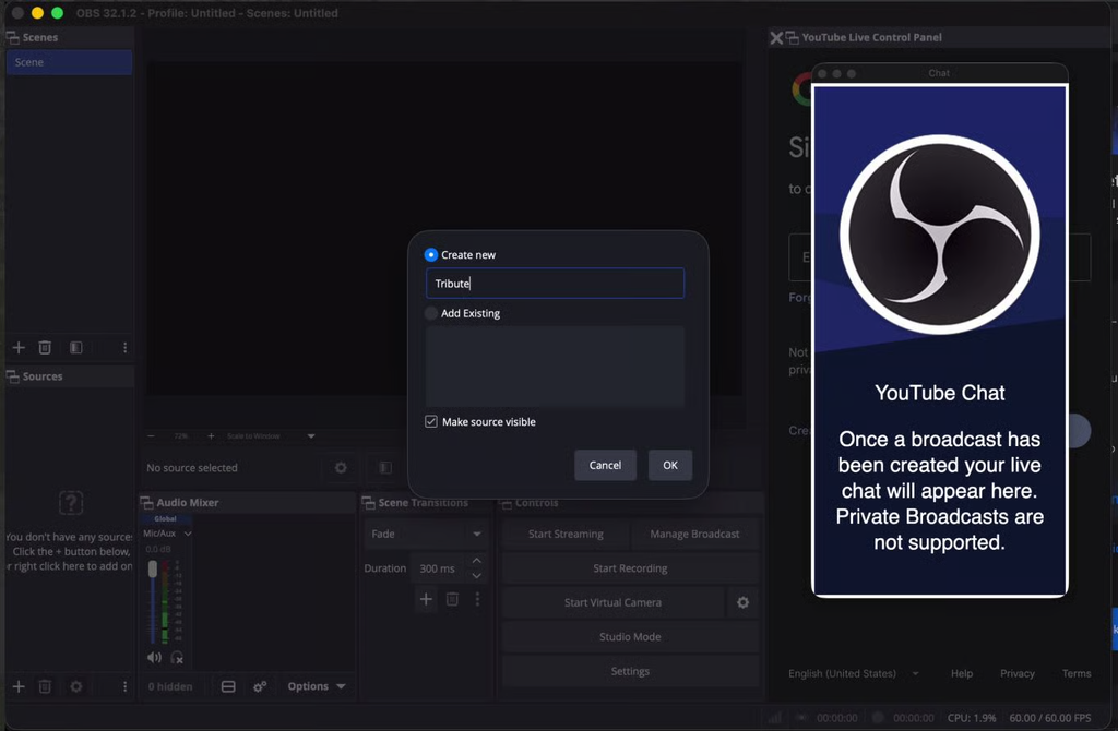 How to create a Tribute source in OBS