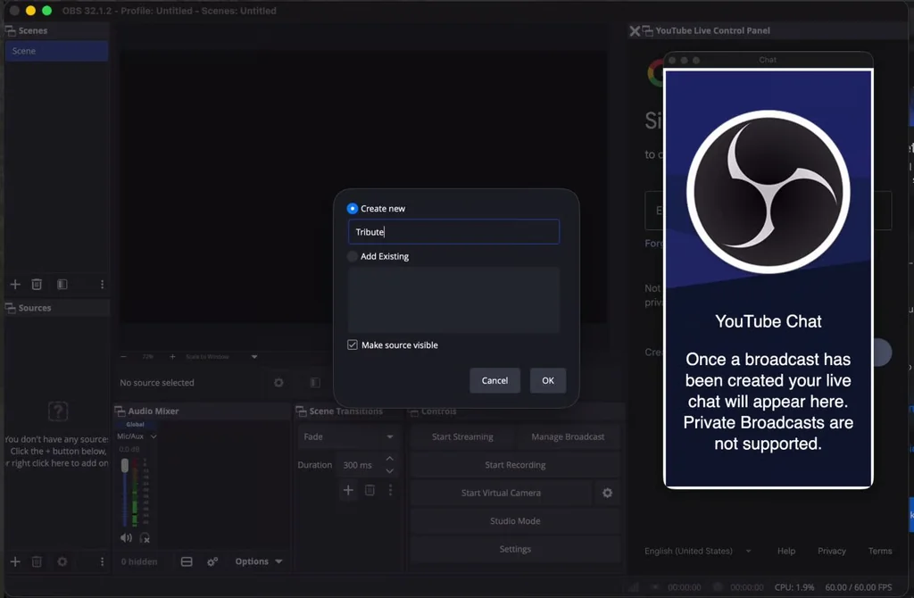 How to create a Tribute source in OBS