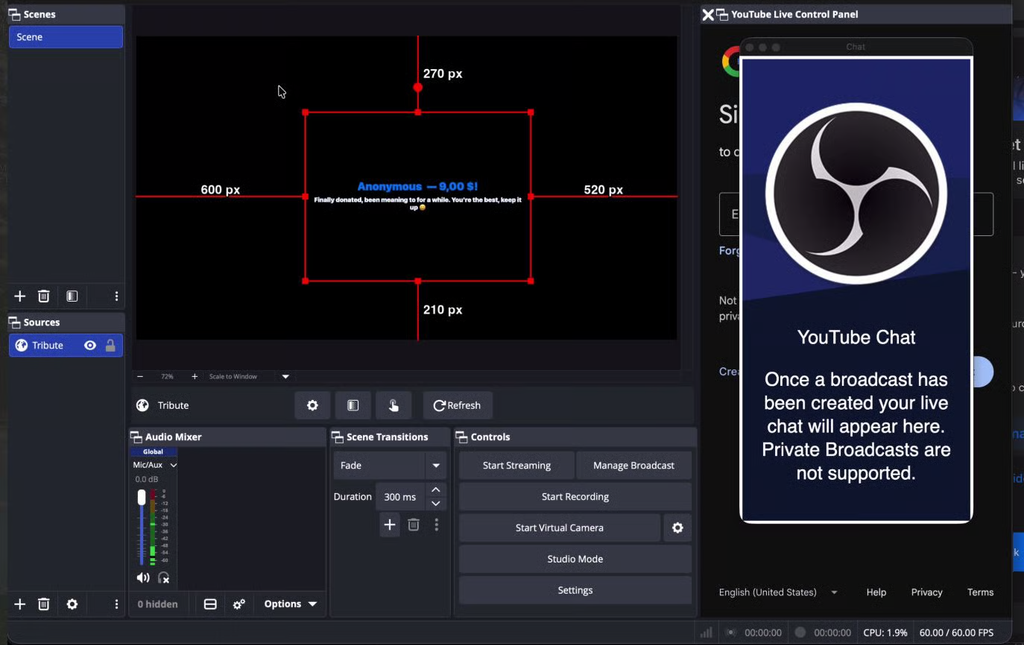 How to test Tribute donations in OBS