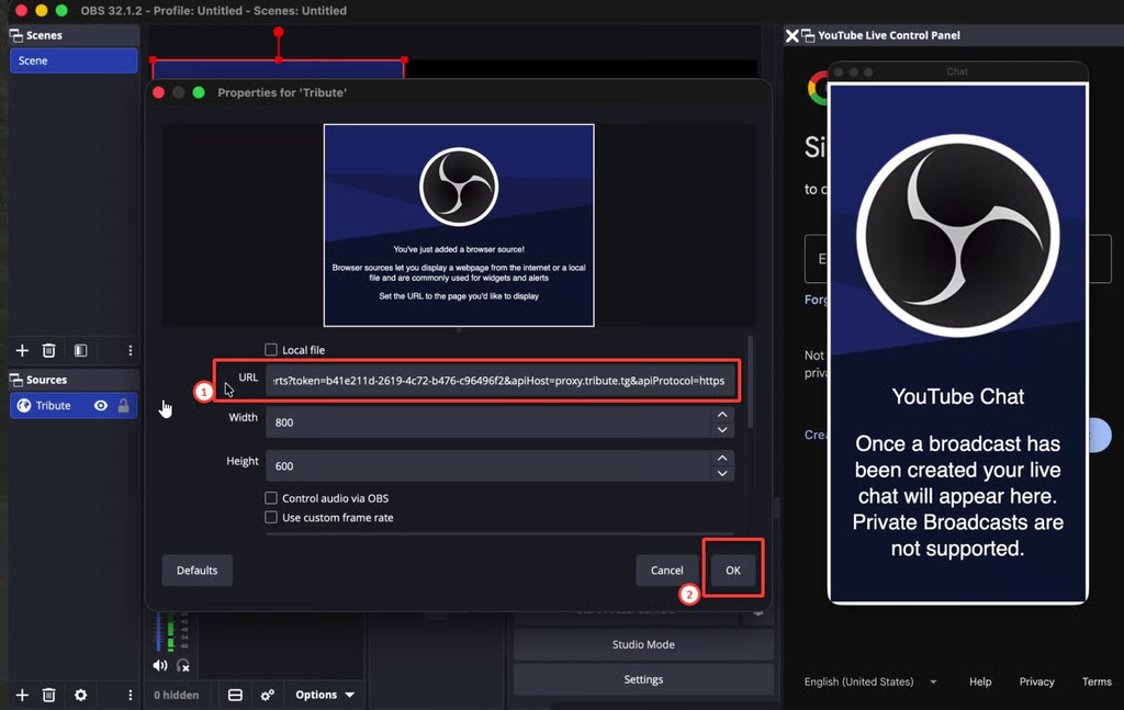 How to add Tribute alert link to OBS