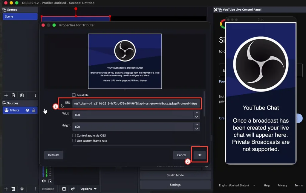 How to add Tribute alert link to OBS