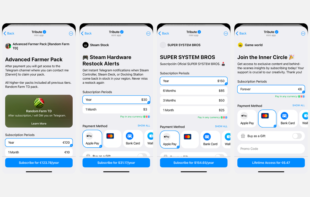 Example of paid gaming channels on Telegram