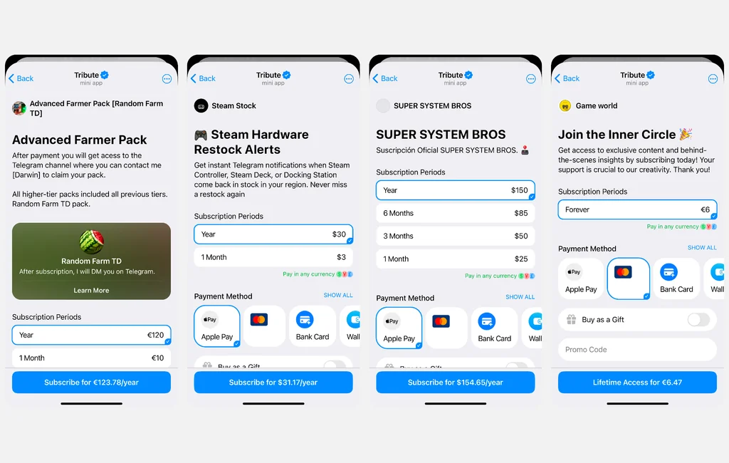 Example of paid gaming channels on Telegram