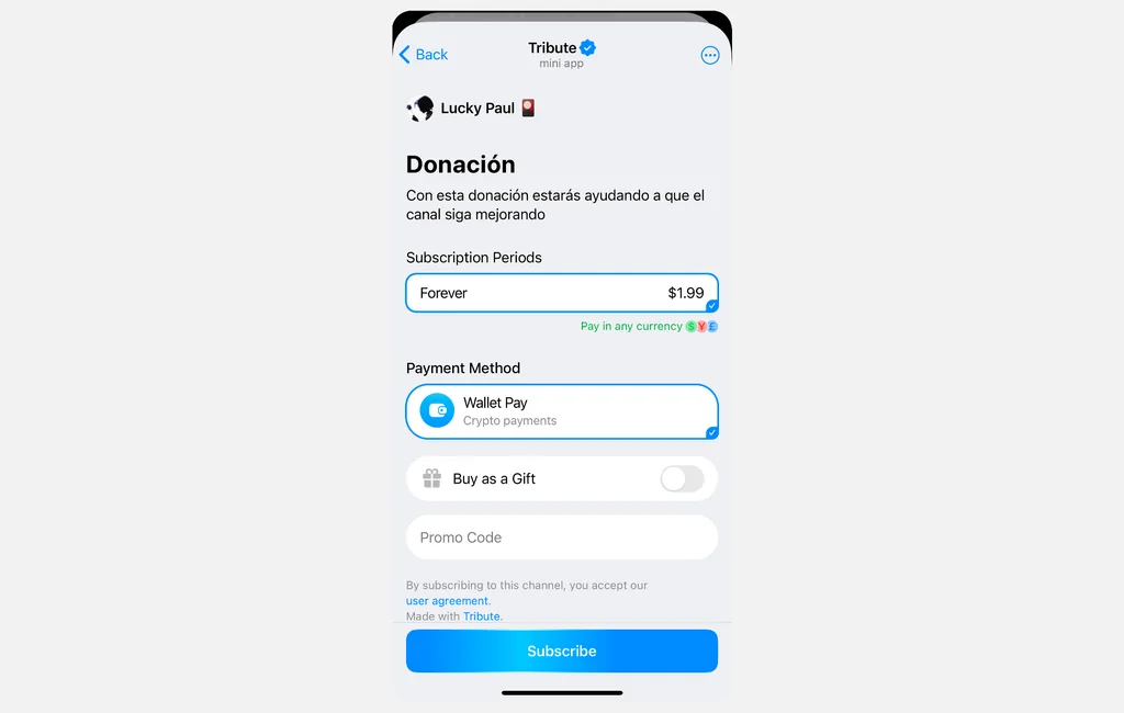 Ejemplo de un creador de Telegram que acepta donaciones a través de Tribute.