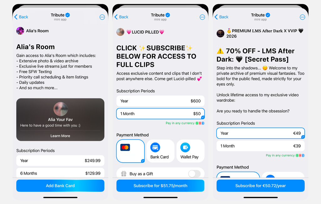 Example of adult creators on Telegram