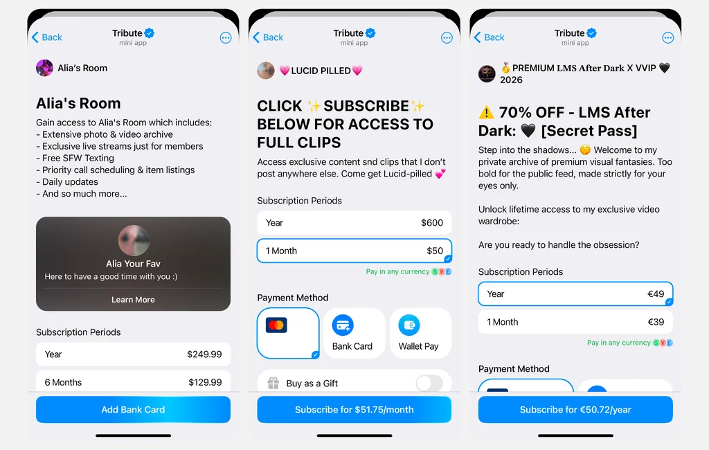 Example of adult creators on Telegram