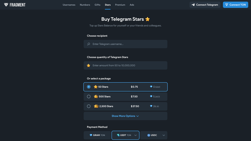 Puedes comprar y vender Telegram Stars a través de la plataforma oficial Fragment