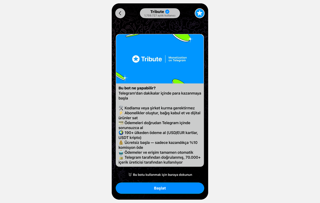 Telegram kanallarından para kazanmak için kullanılan Tribute botuna bir örnek.