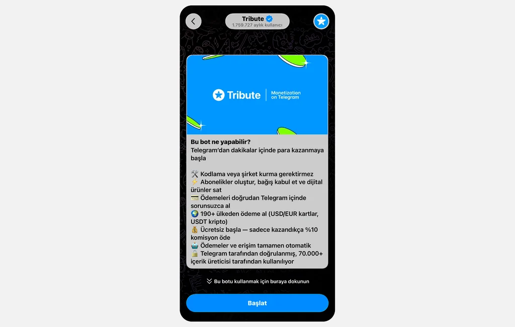 Telegram kanallarından para kazanmak için kullanılan Tribute botuna bir örnek.