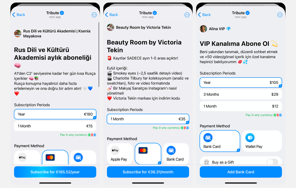 Tribute botu ile çalışan ücretli Telegram kanallarına örnekler