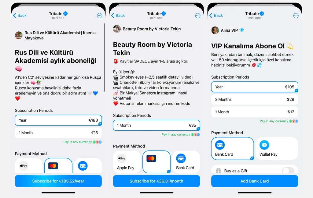 Tribute botu ile çalışan ücretli Telegram kanallarına örnekler