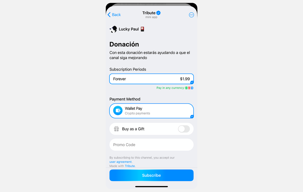 Ejemplo de un creador de Telegram que acepta donaciones a través de Tribute.