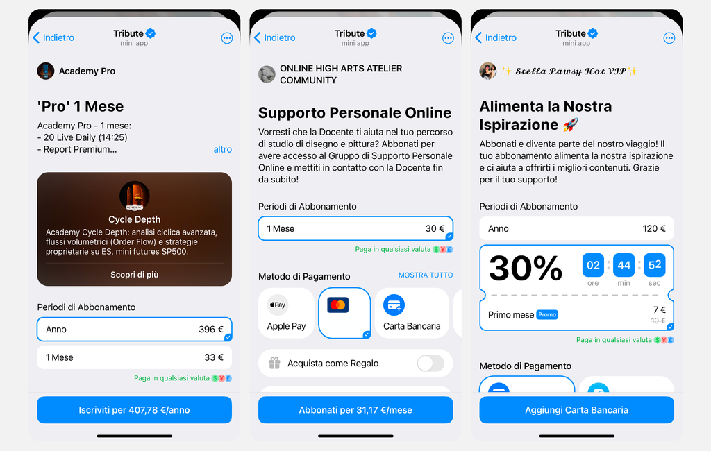 Esempi di canali Telegram che vendono abbonamenti con Tribute