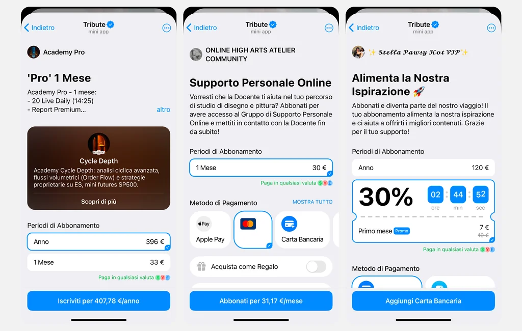 Esempi di canali Telegram che vendono abbonamenti con Tribute