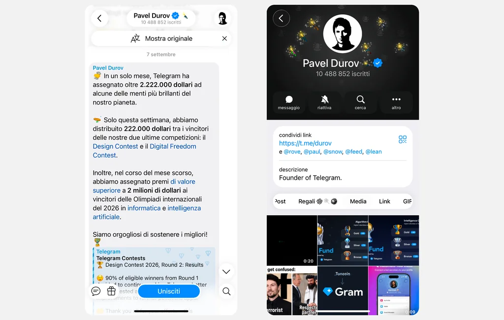 Esempio di un canale Telegram pubblico: quello di Pavel Durov, fondatore di Telegram.